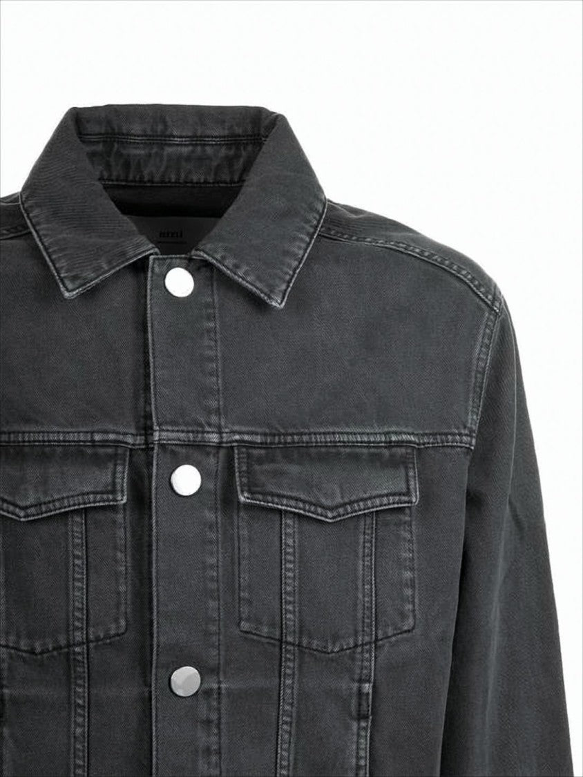Ami Paris Cropped Denim Jacket With Classic Collar And Metallic Buttons