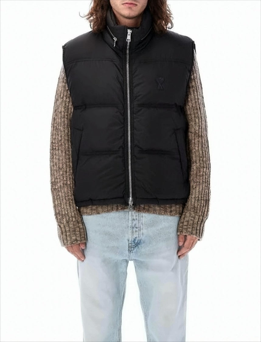 Ami Paris Black Padded Vest With High Collar And Quilted Finish