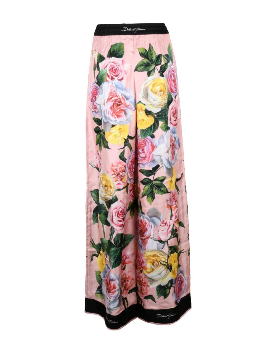 Dolce & Gabbana High-Waisted Floral Print Silk Satin Trousers