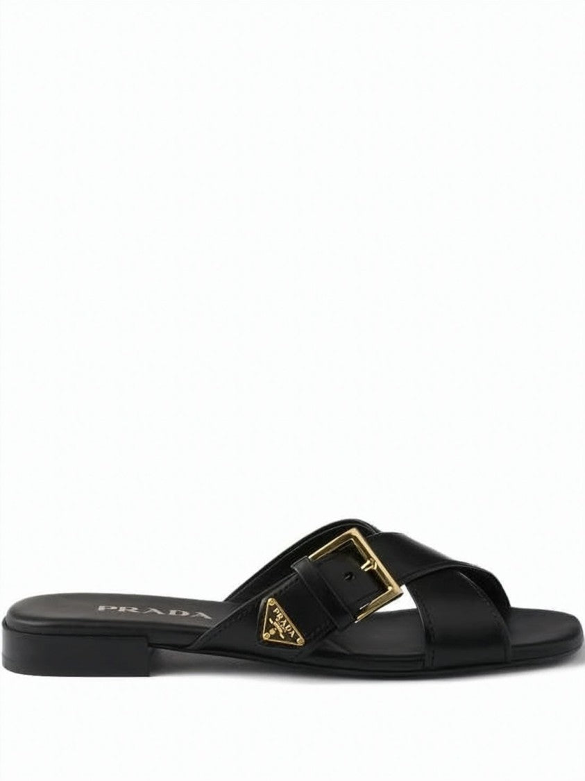 Prada Calf Leather Flat Mule Sandal With Gold-Tone Detailing