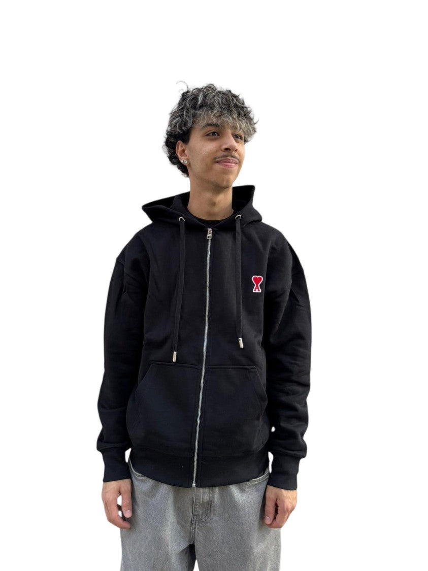 Ami Paris Black Zip-Up Hoodie With Drawstring Hood And Heart Logo