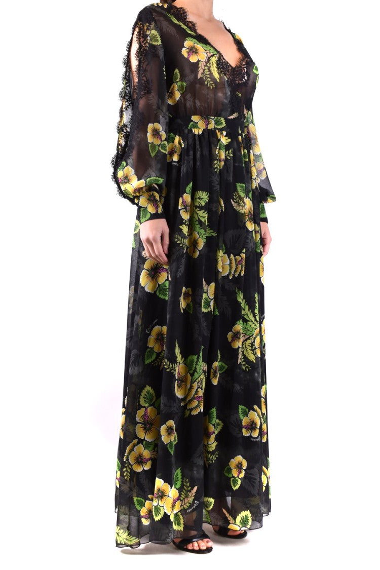 Ermanno Maxi Dress With Floral Print And Sheer Lace Details