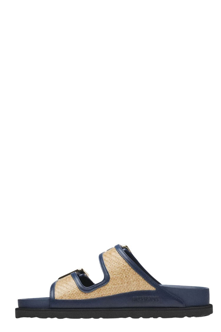 Birkenstock Navy Blue Arizona Buckles Raffia-Leather Sandals