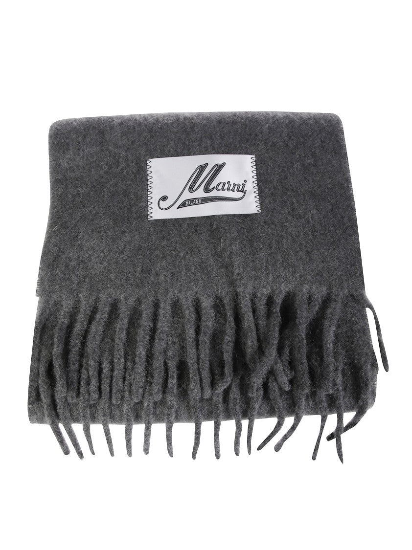 Marni Textured Grey Scarf With Fringed Edges