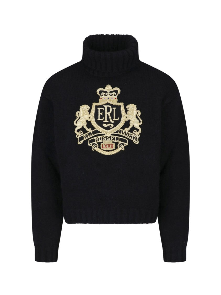 Erl Ribbed Turtleneck Sweater In Black Alpaca Blend With Iconic Crest
