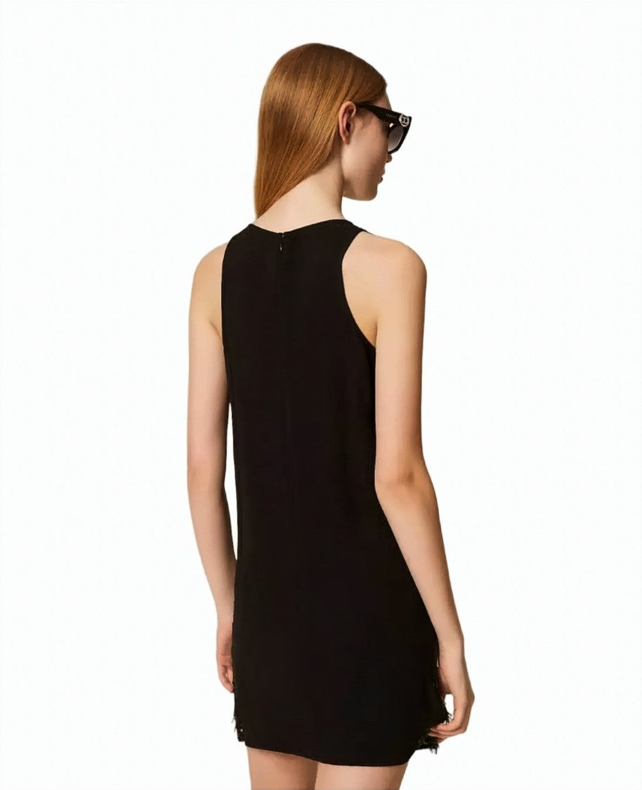 Twin-Set Sequin Fringed Georgette-Back Sleeveless Mini Dress