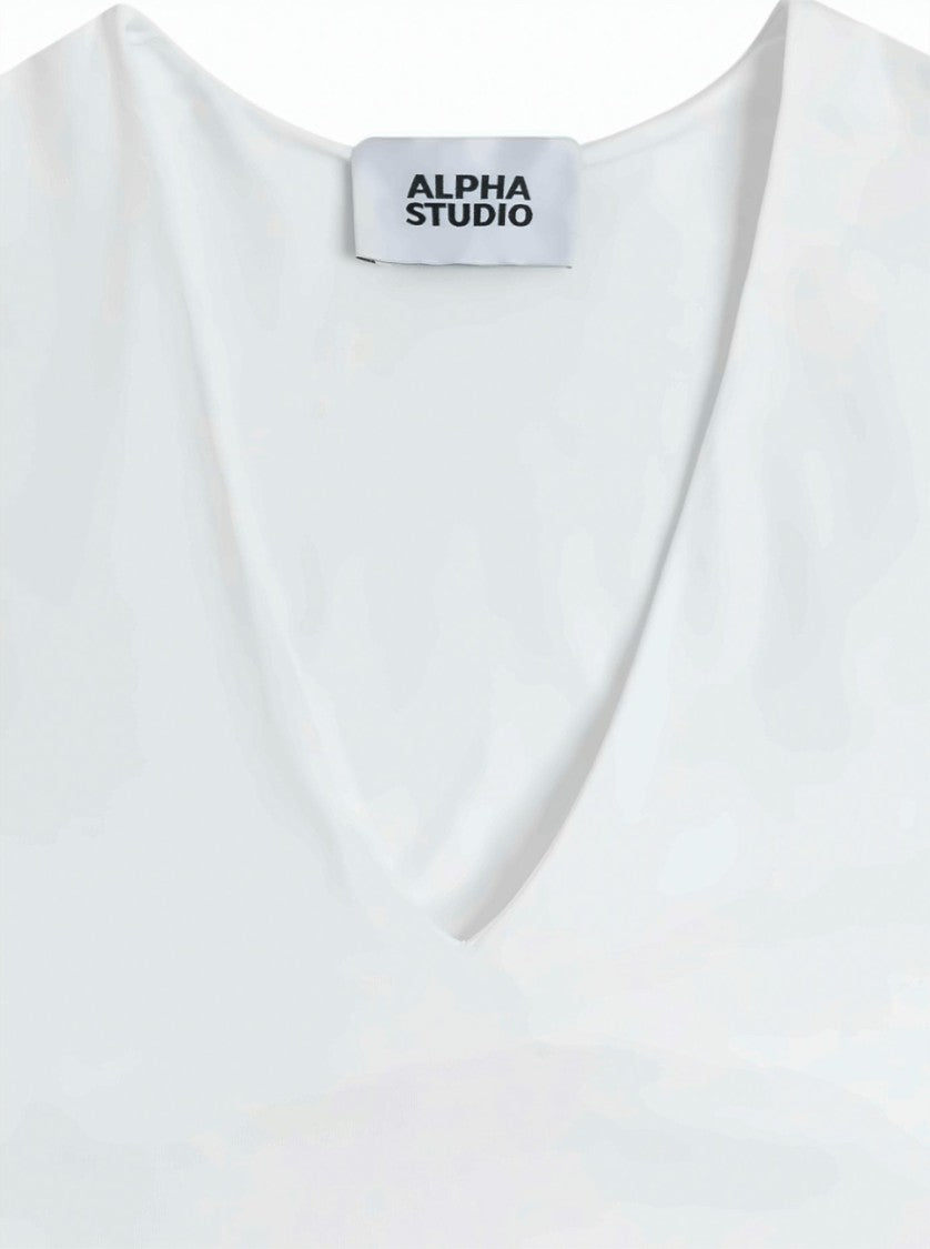 Alpha Studio V-Neck Poplin Inset Stretch Cotton Midi Dress