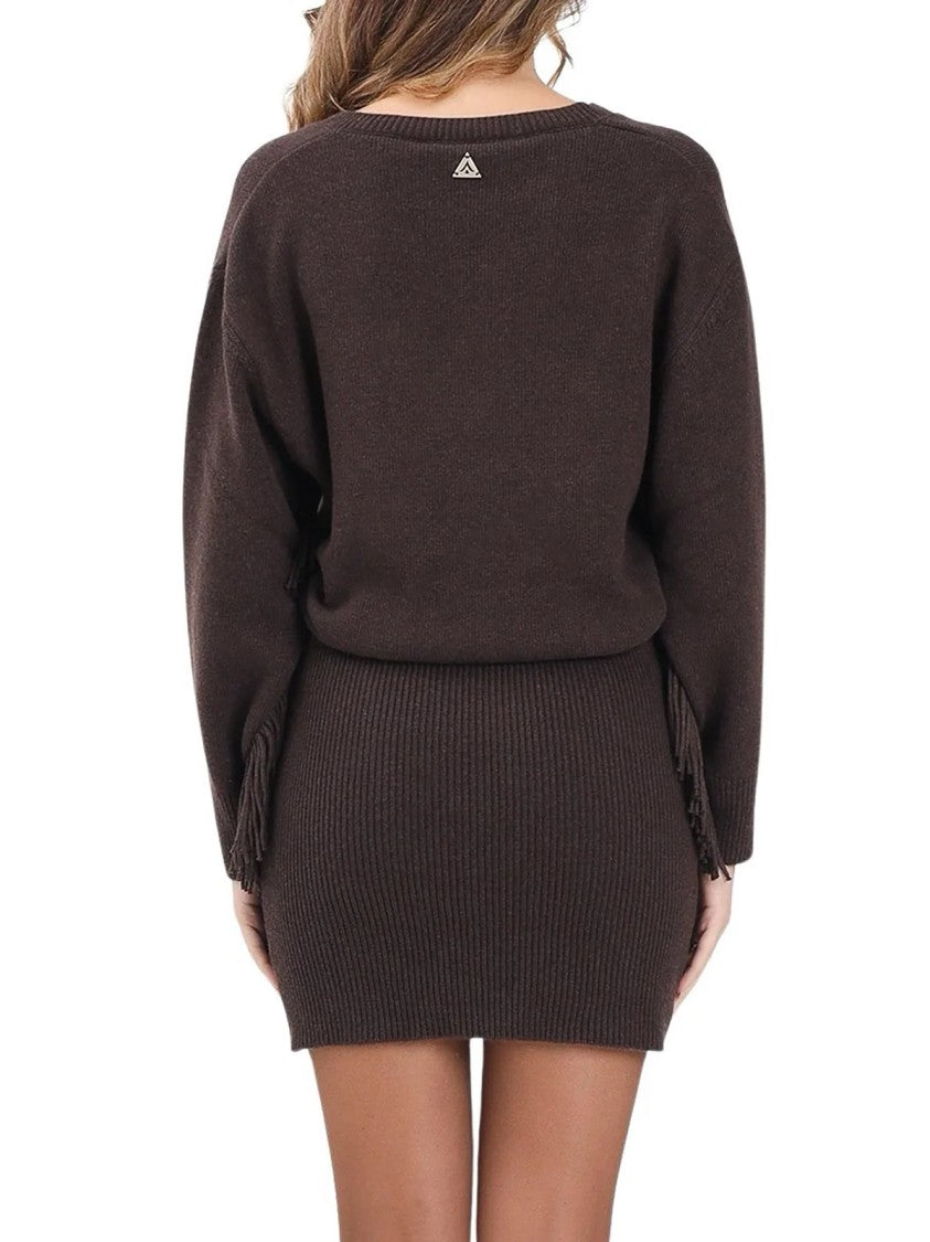 Akep Knit Mini Dress With Deep V-Neck And Fringe Detailing