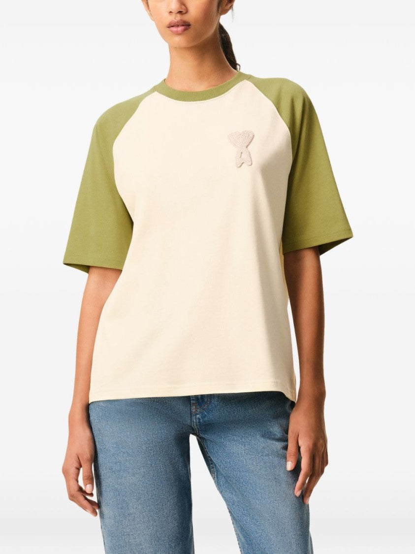 Ami Paris Cream Knitted Raglan Sleeve Patch T-Shirt