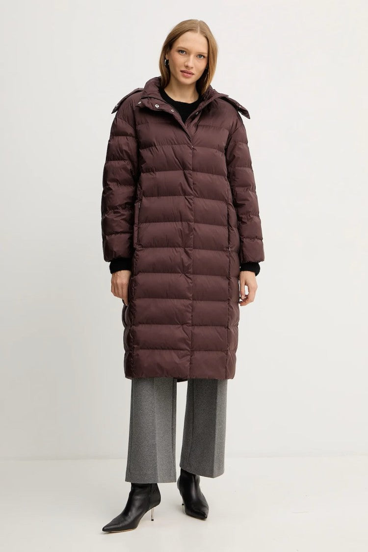 Max Mara Burgundy Quilted Long Coat With Adjustable Hood
