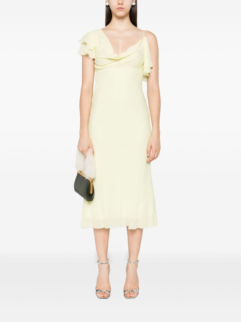 Self-Portrait Light Yellow Ruffled Midi Dress With Draped Neckline