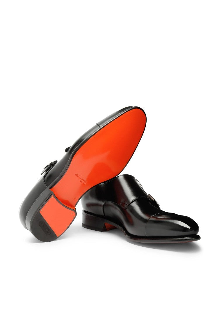 Santoni Antiqued Leather Double Buckle Loafers