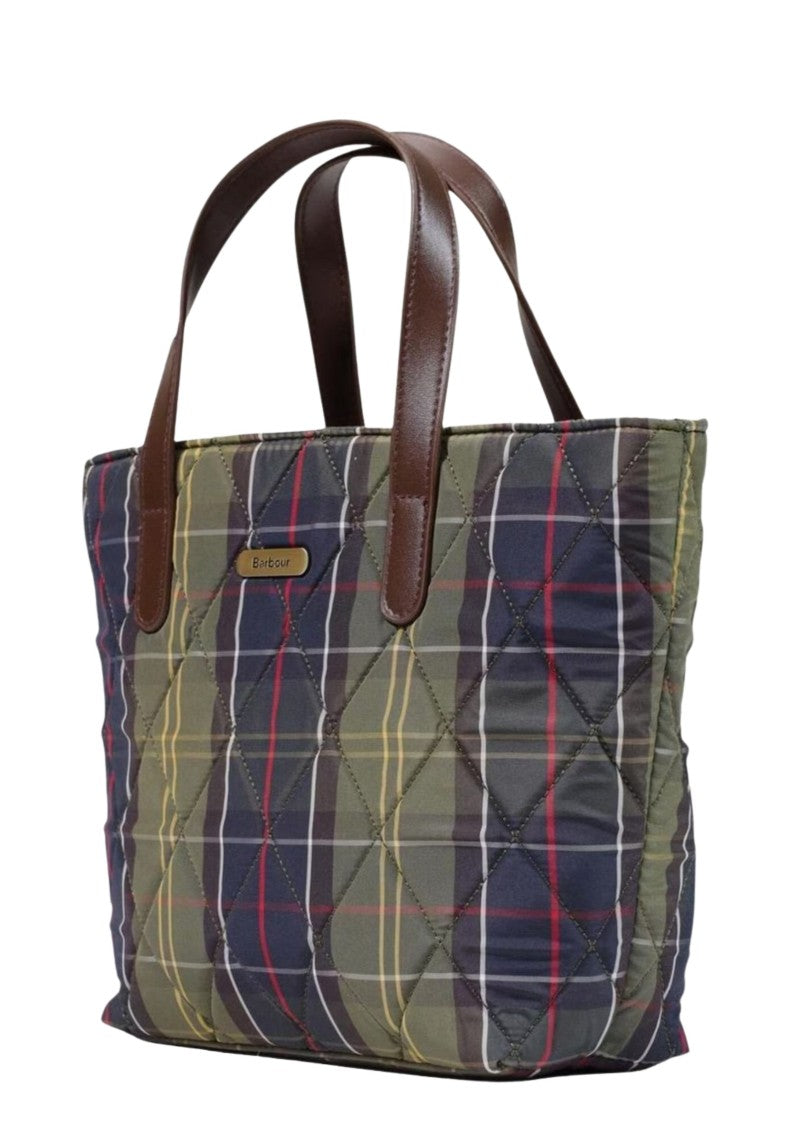 Barbour Mini Diamond Quilted Tote Bag With Classic Tartan Design