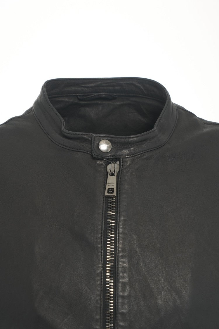 Giorgio Brato Black Leather Jacket With Stand-Up Collar