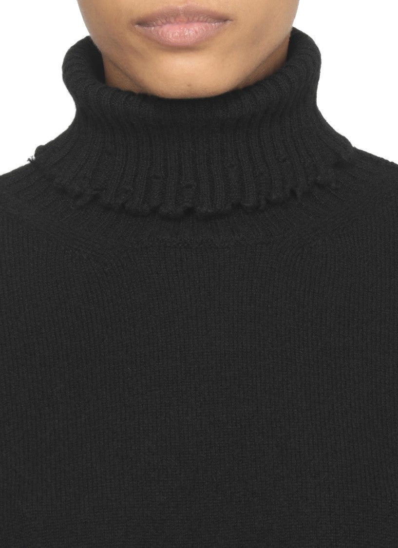 Uma Wang High Neck Black Cashmere Sweater With Ribbed Trims