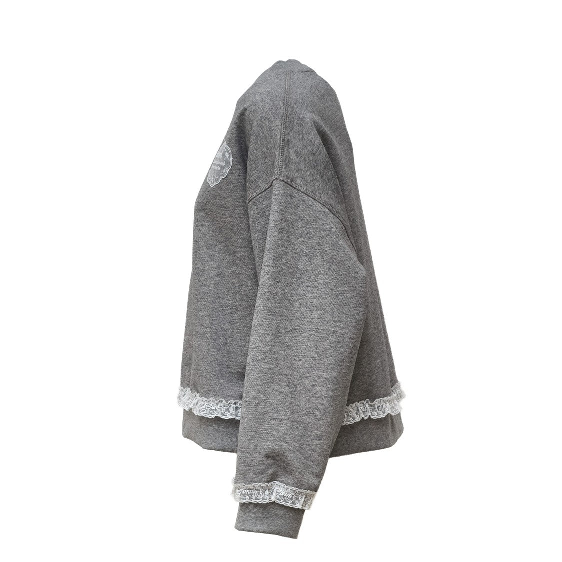 Ganni Cropped Grey Sweater With Lace Trim And Logo Patch