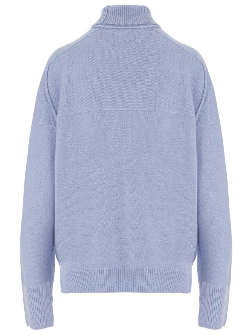 Carven Light Blue Ribbed Oversized High Neck Cashmere Sweater