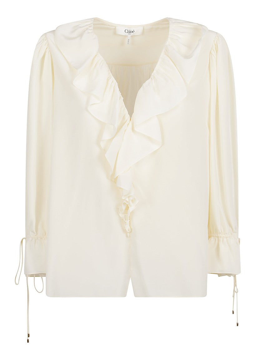 Chloé Silk Crêpe De Chine Blouse With Ruffled Neckline And Puffed Sleeves