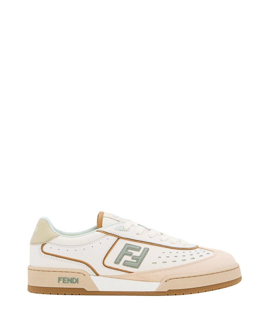 Fendi Mixed Leather And Denim Sneakers With Embossed Logo