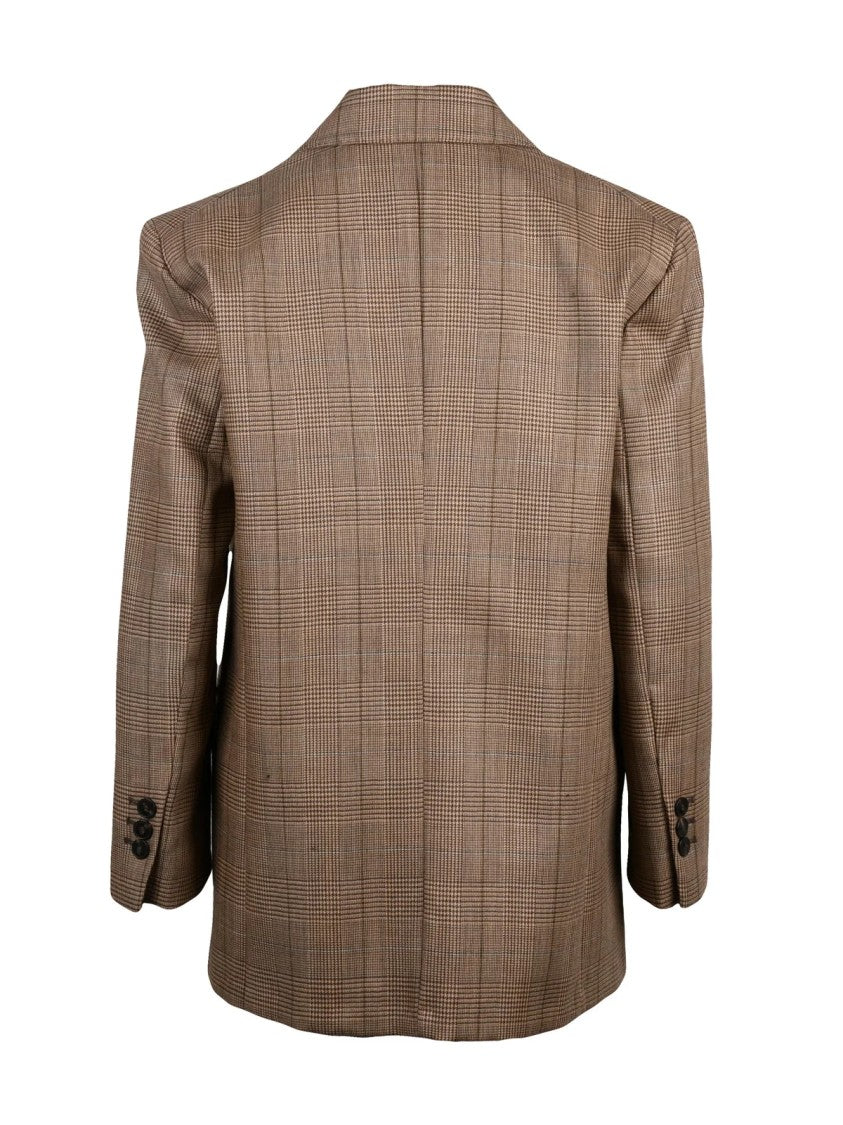 Marella Brown Checkered Double-Breasted Virgin Wool Jacket