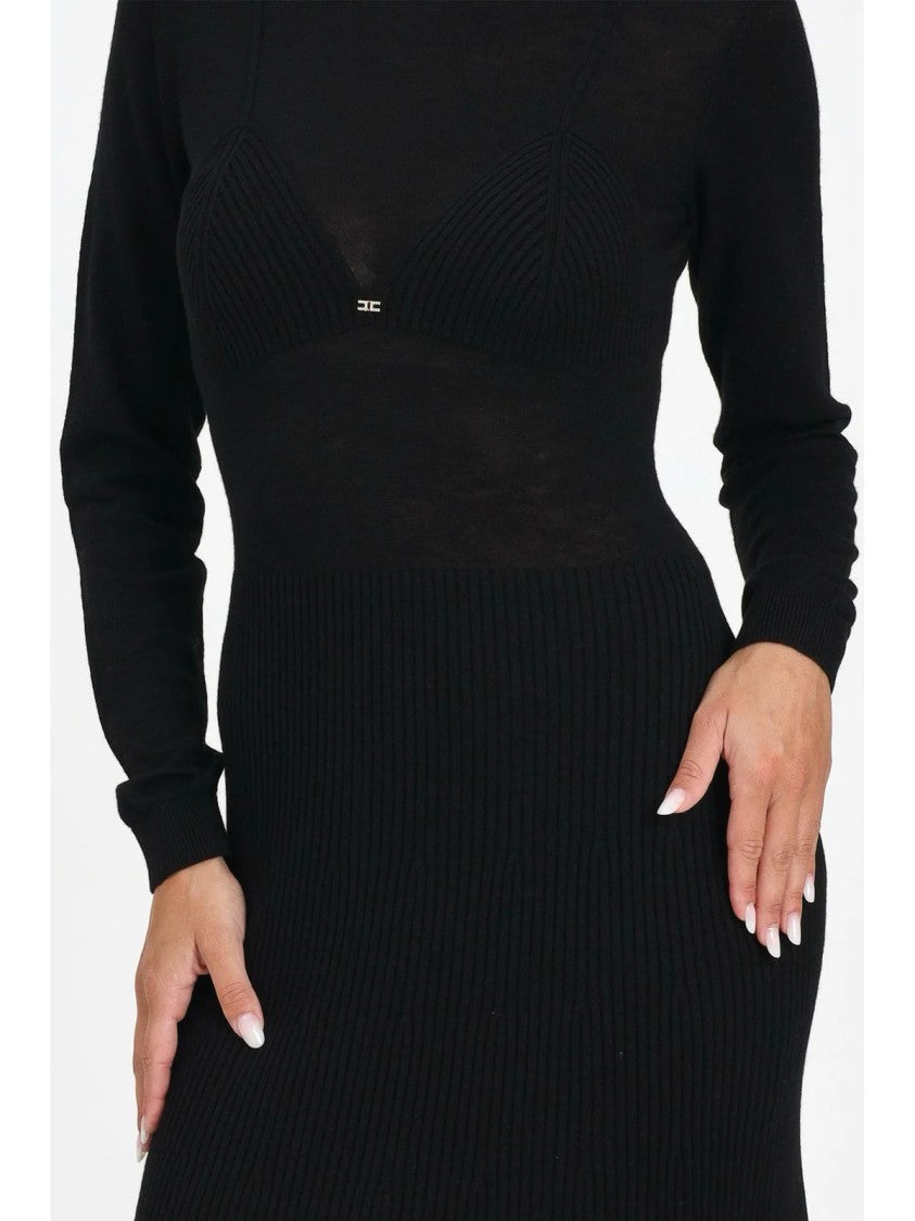 Elisabetta Franchi Fitted Black Knit Dress With High Turtleneck And Ribbed Texture