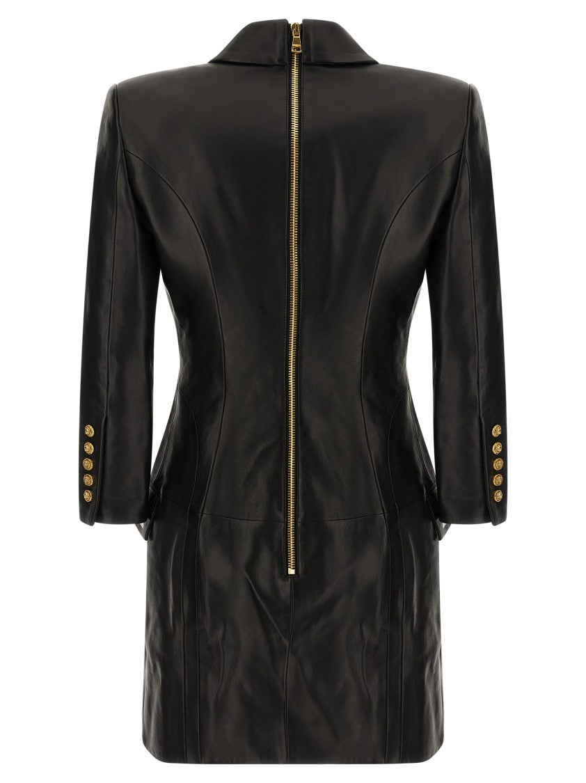 Balmain Double-Breasted Leather Mini Dress With Peak Lapels And Flap Pockets