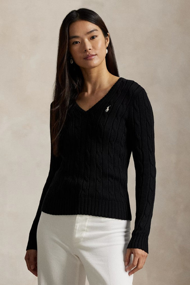 Polo Ralph Lauren Black Cotton Cable-Knit V-Neck Sweater