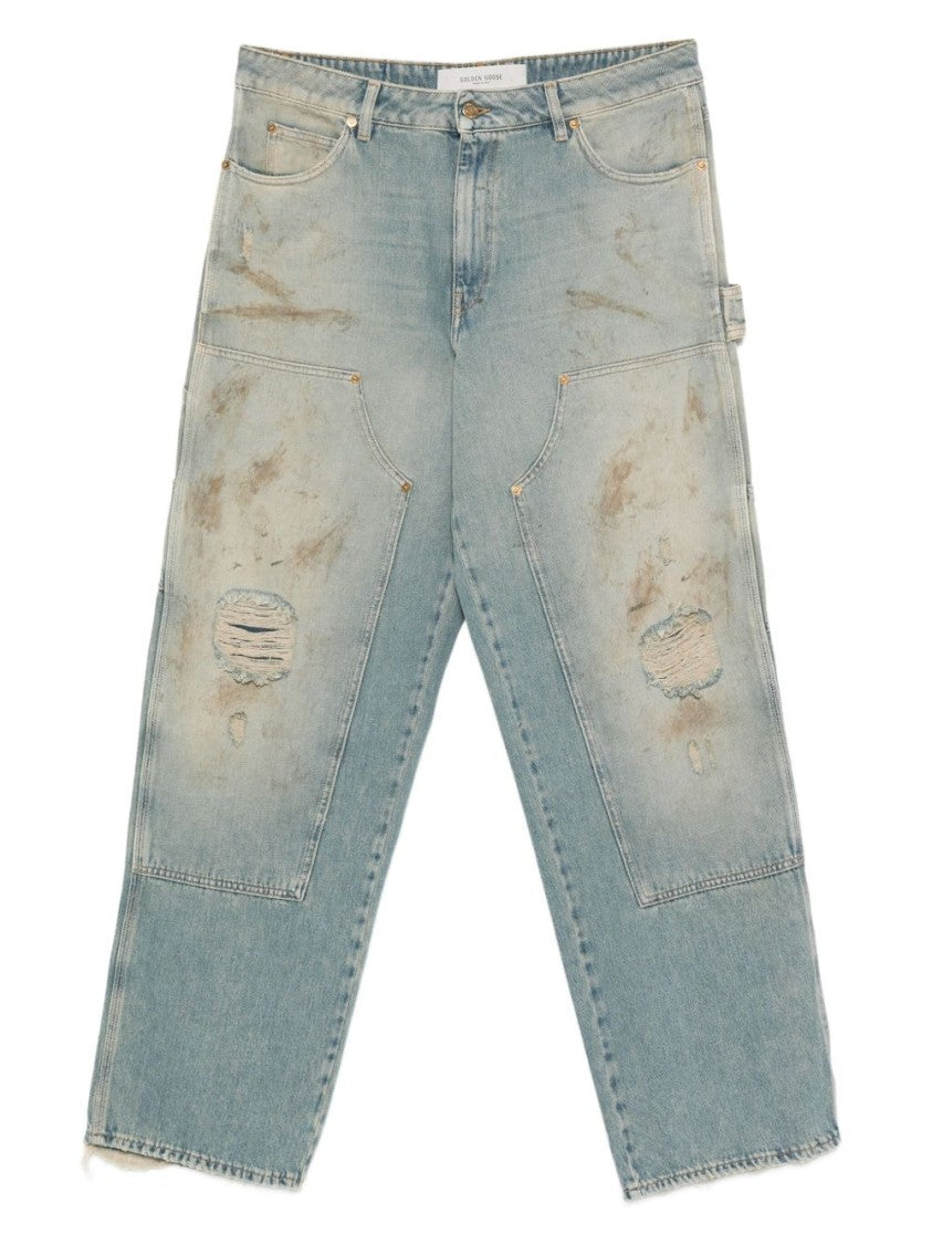 Golden Goose Relaxed Fit Faded Blue Jeans With Distressed Detailing