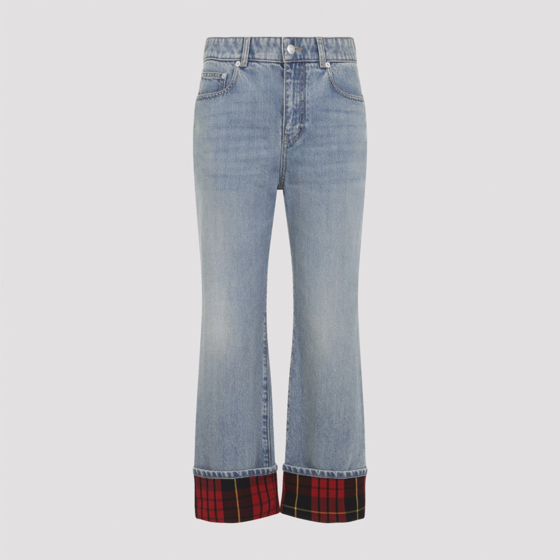 Alexander Mcqueen Light Blue Denim Jeans With Bold Tartan Cuffs