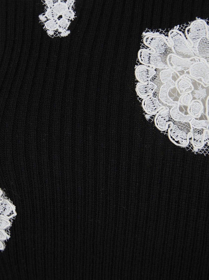 Ermanno Scervino Off-Shoulder Black Sweater With Lace Floral Appliqués