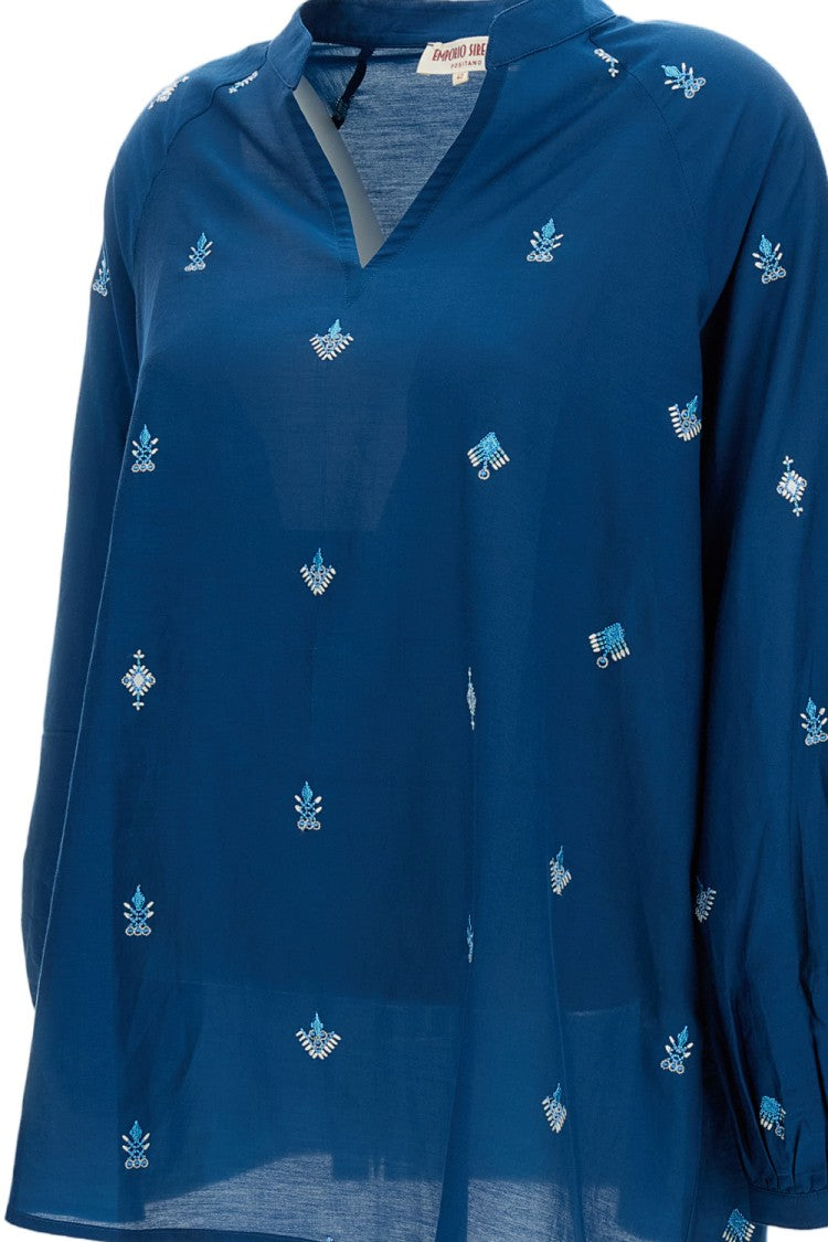 Emporio Sirenuse Embroidered Cotton-Silk Flared Blouse