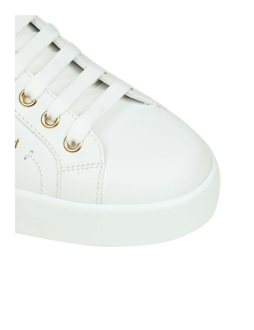 Dolce & Gabbana Portofino Sneakers In White Leather With Logoed Pearl