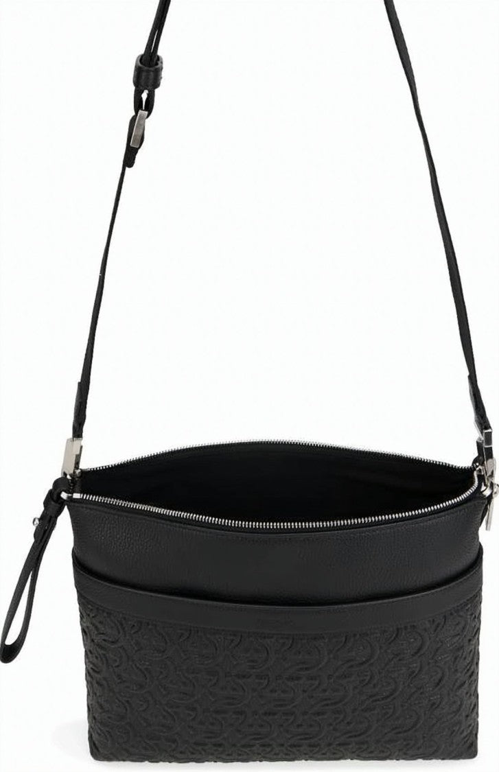 Salvatore Ferragamo Black Embossed Calf Leather Crossbody Bag