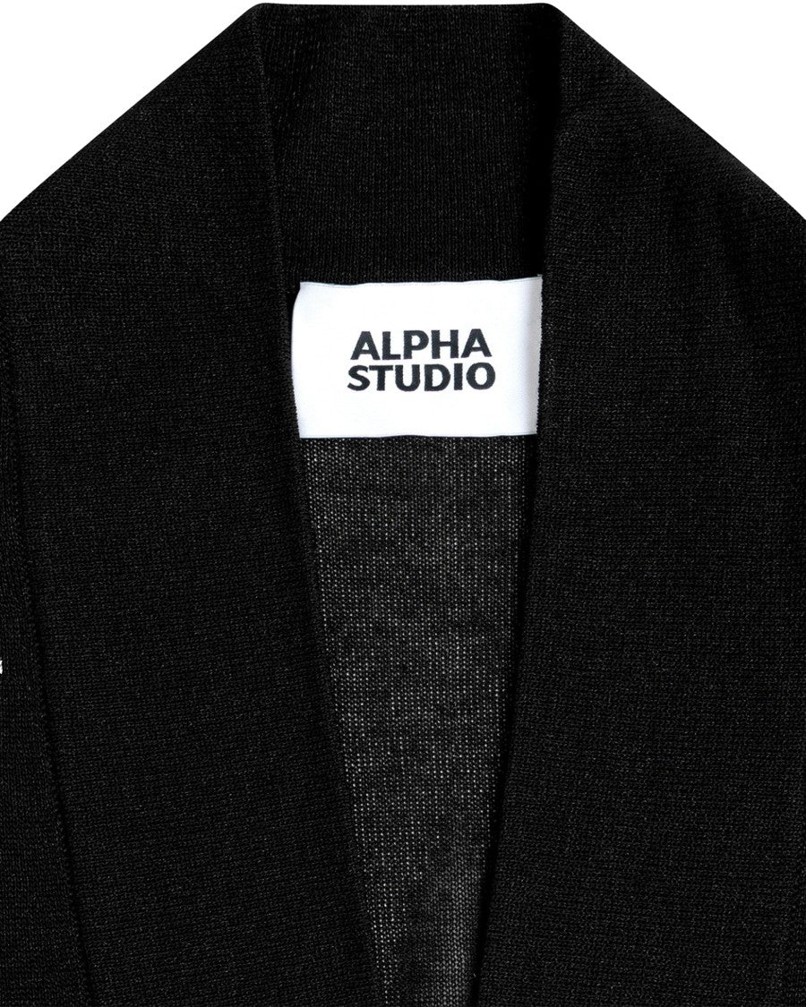 Alpha Studio Open-Front Long Black Cardigan In Shiny Viscose Blend