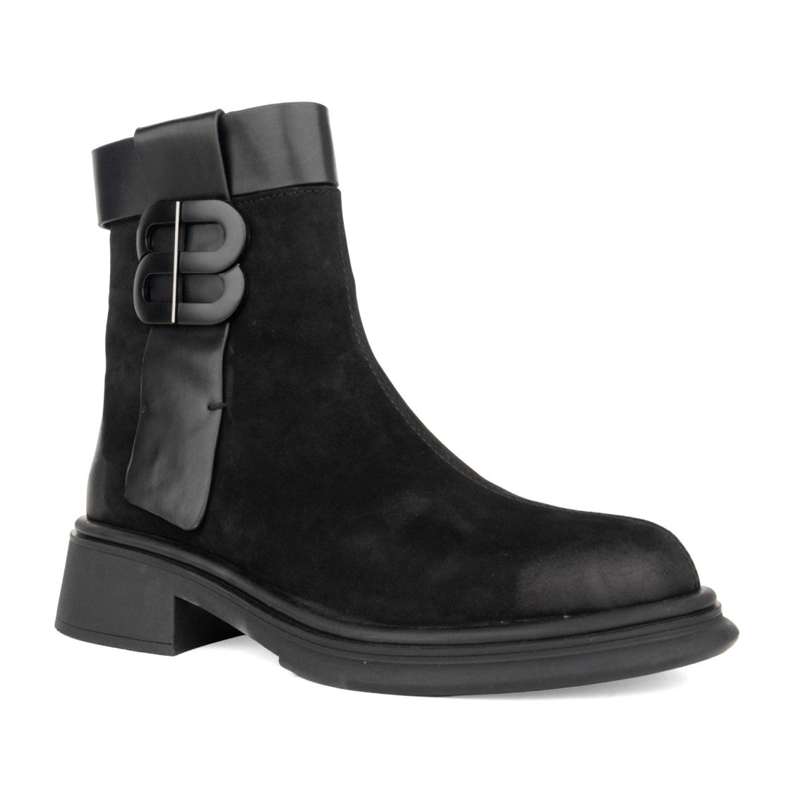 Linda Baumann Black Flat Oversized Buckle Suede Ankle Boots