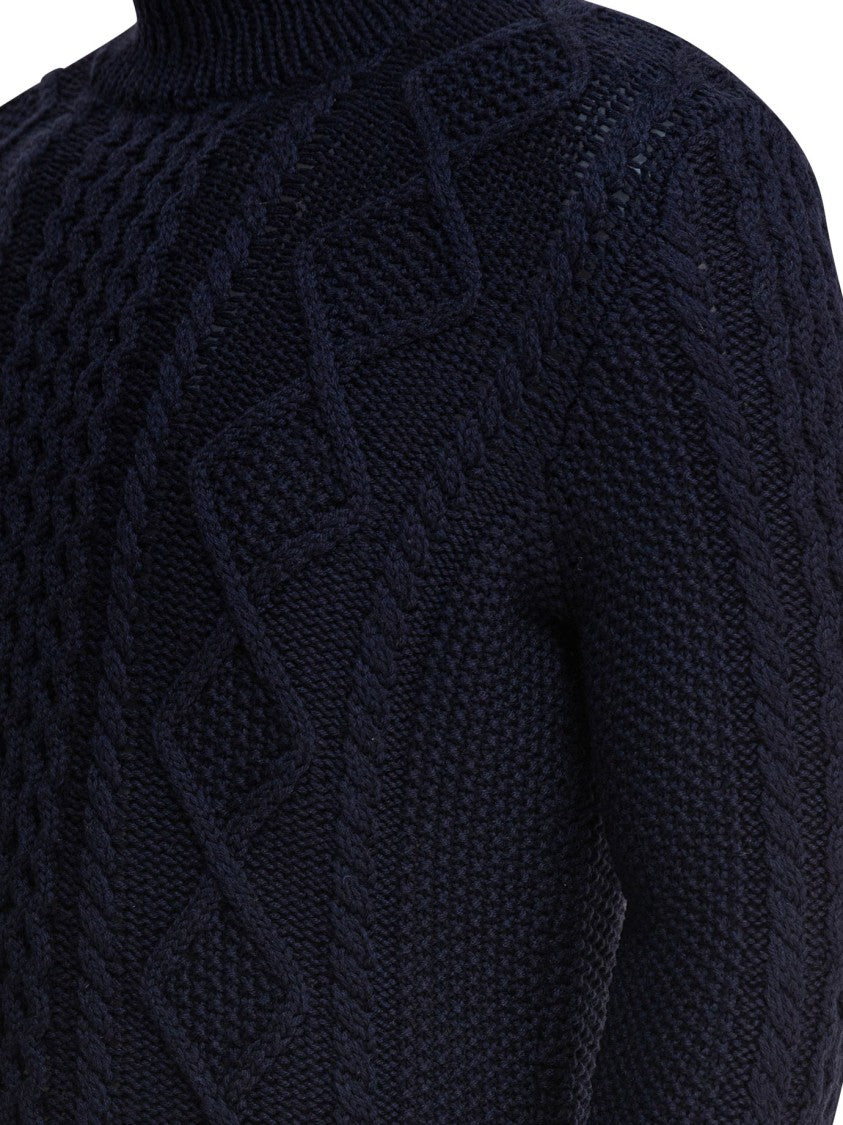 Rakki' Cable Knit Turtleneck Sweater In Black Merino Wool