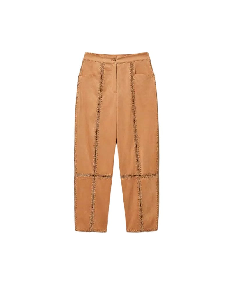 Twinset U&B Brown Suede-Effect Saddle Stitch Straight-Leg Pants