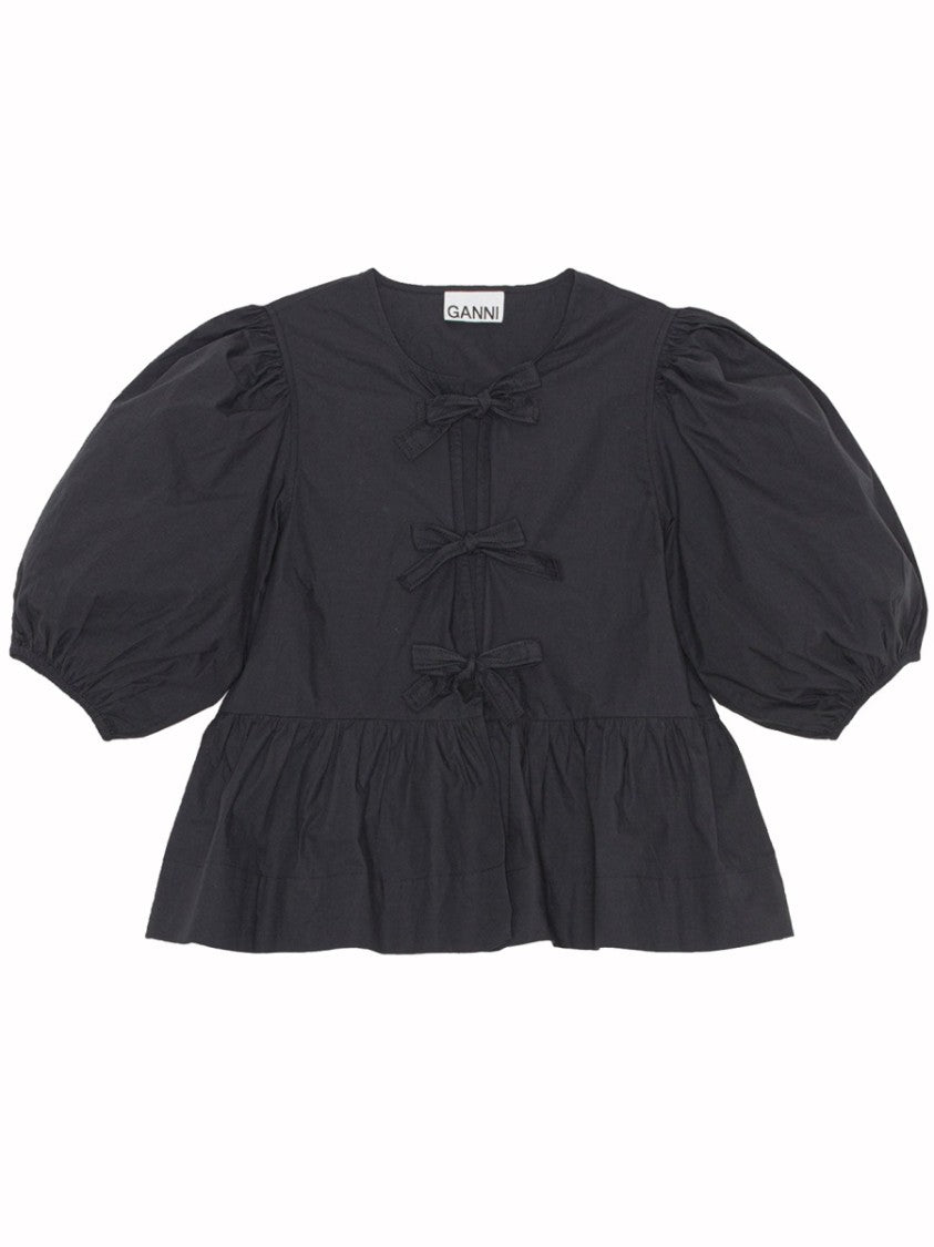 Ganni Black Puff Sleeves Bow Front Poplin Blouse