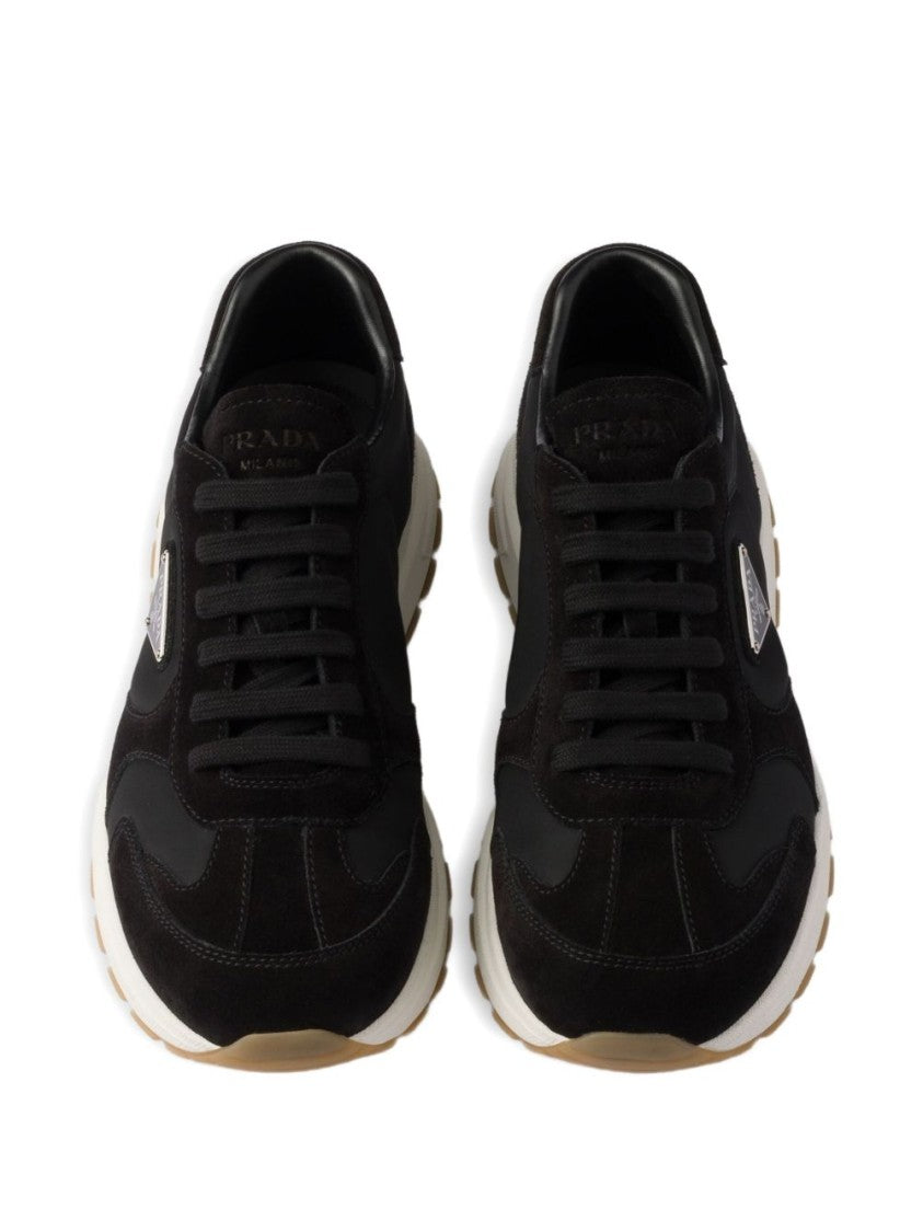 Prada Black Textured Triangular Logo Sneakers