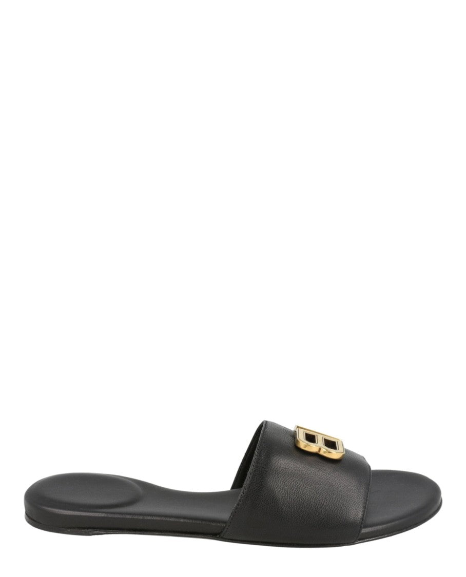 Balenciaga Slide-On Black Sandals With Gold-Tone Double Bb Logo
