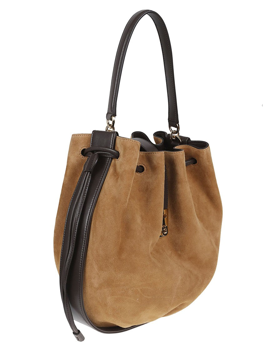 Ferragamo Suede Bucket Bag With Crocodile-Effect Print And Dual Carry Options