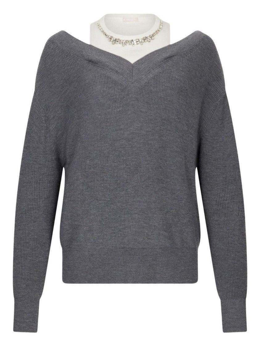Liu Jo Deep V-Neck Gray Knit Sweater