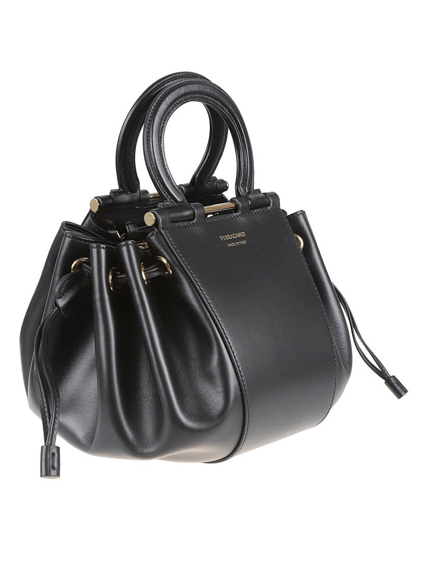 Ferragamo Structured Calf Leather Handbag With Ruched Design