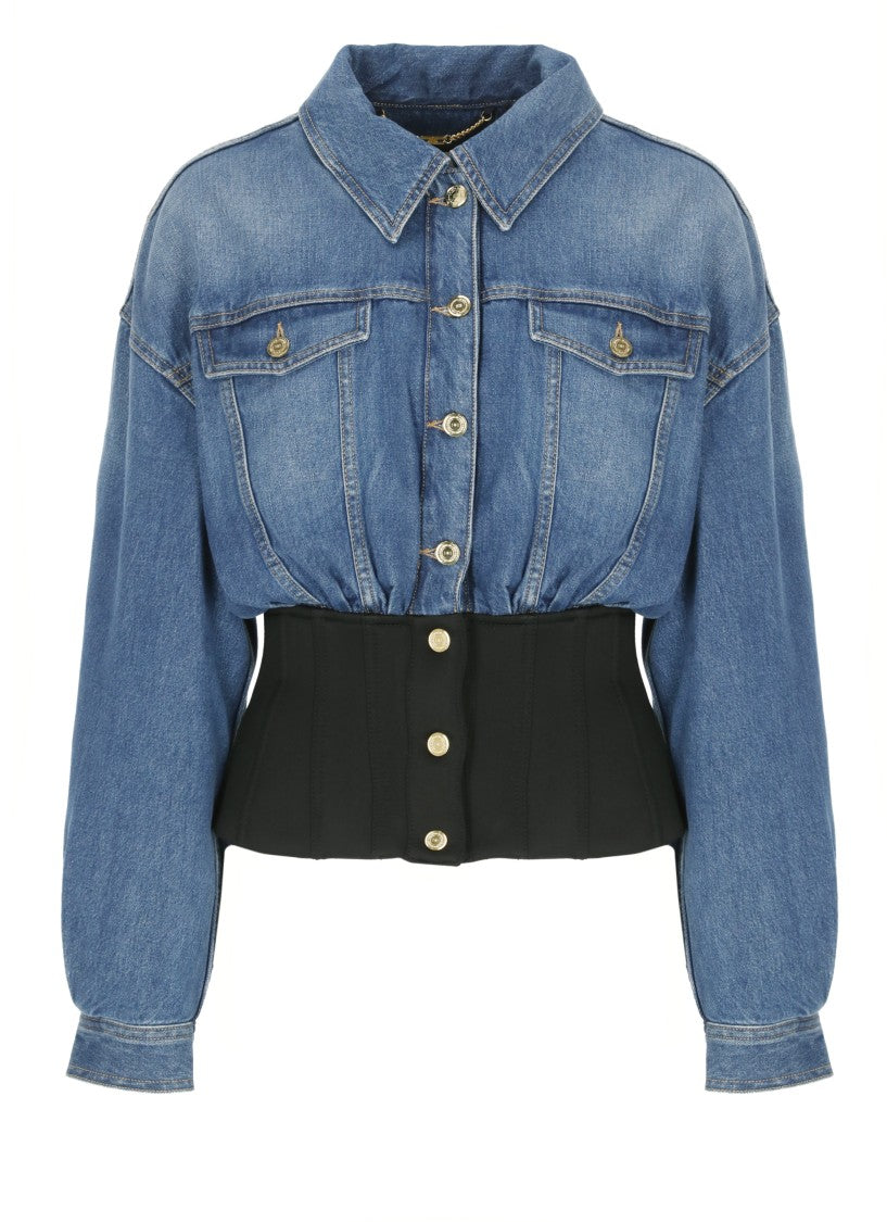 Elisabetta Franchi Cropped Denim Bomber Jacket With Contrasting Hem