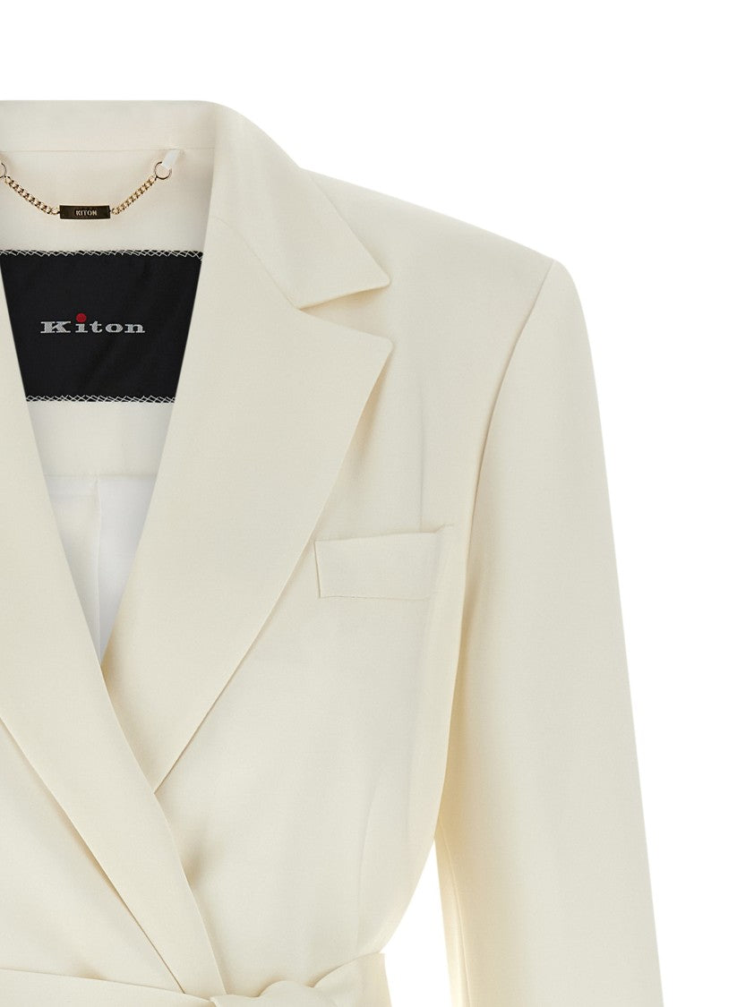 Kiton Double-Breasted Silk Blazer With Structured Shoulders And Knotted Belt