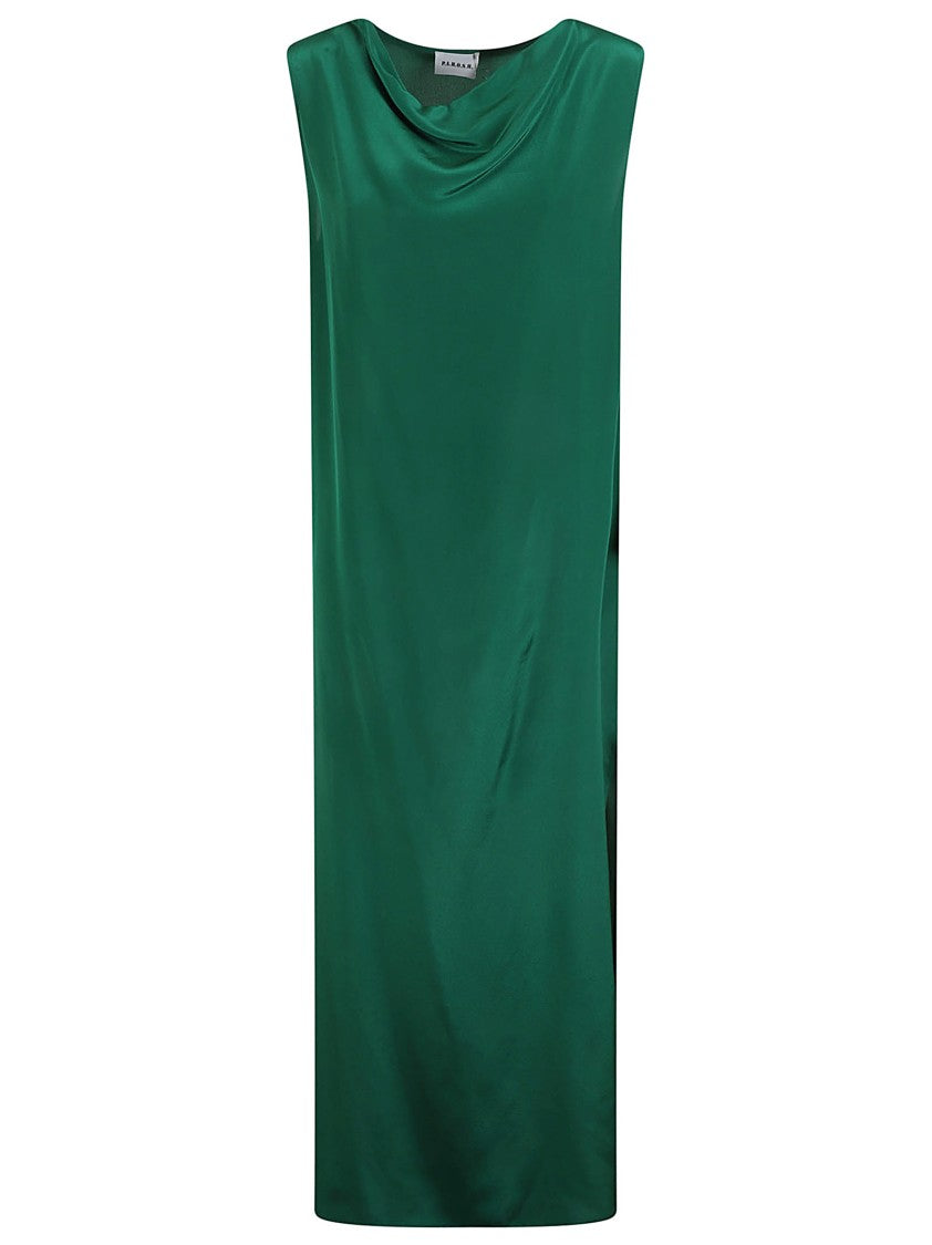 P.A.R.O.S.H. Sleeveless Green Silk Dress With Draped Neckline