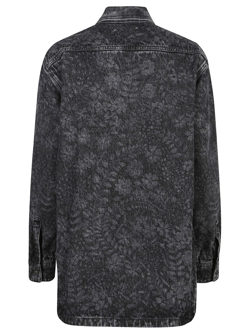 Golden Goose Floral Print Boyfriend Shirt In Washed Cotton Denim