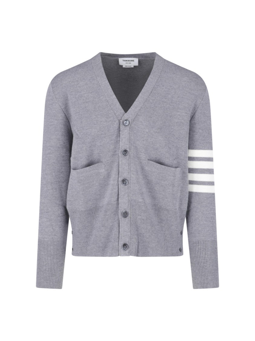 Thom Browne V-Neck Grey Cardigan Sweater With Button-Down Front And Signature Stripes