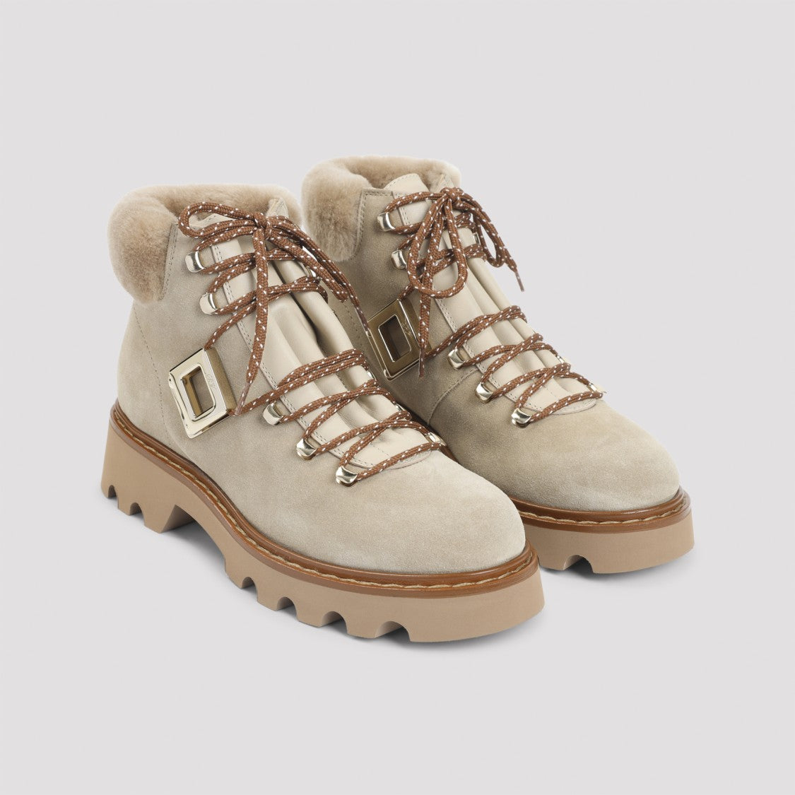 Roger Vivier Viv Rangers Track Fur Beige Suede Leather Boots