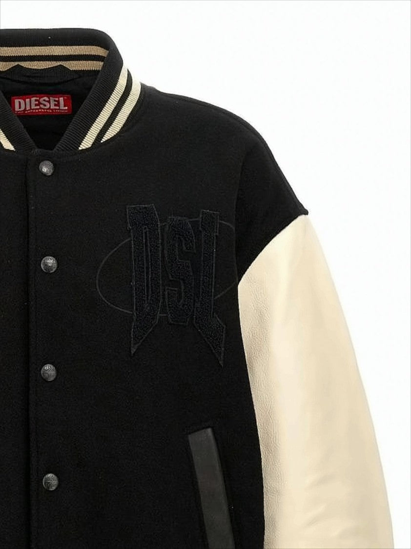 Diesel Varsity-Style Black Wool Bomber Jacket